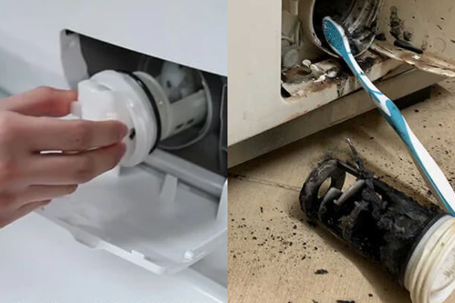 Trên máy giặt có 1 công tắc ẩn, bật lên là toàn bộ nước bẩn chảy ra ngay