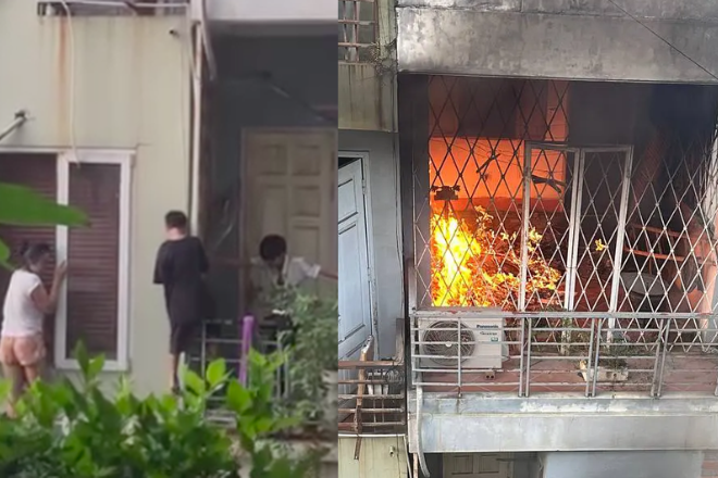 2 bé trai cùng gia đình leo ban công thoát khỏi vụ cháy nhà lúc sáng sớm ở Hà Nội