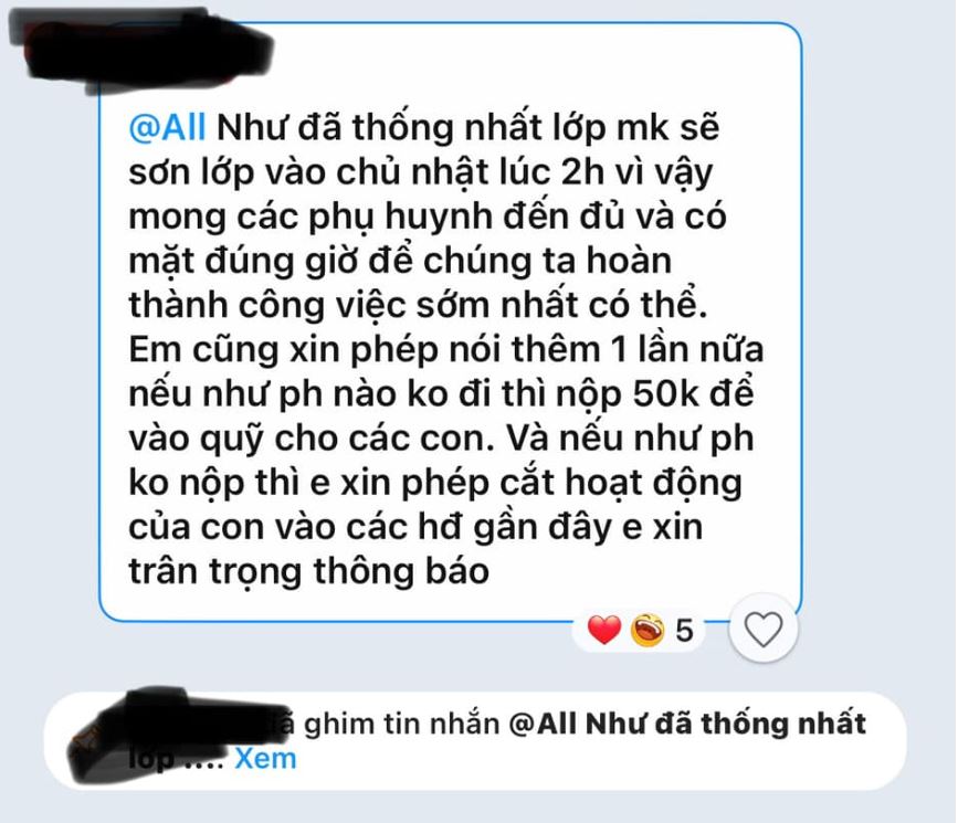 Xôn xao tin nhắn Ban phụ huynh yêu cầu các phụ huynh đi sơn lớp, không đi thì đóng 50.000 kèm theo lời “đe nẹt”?