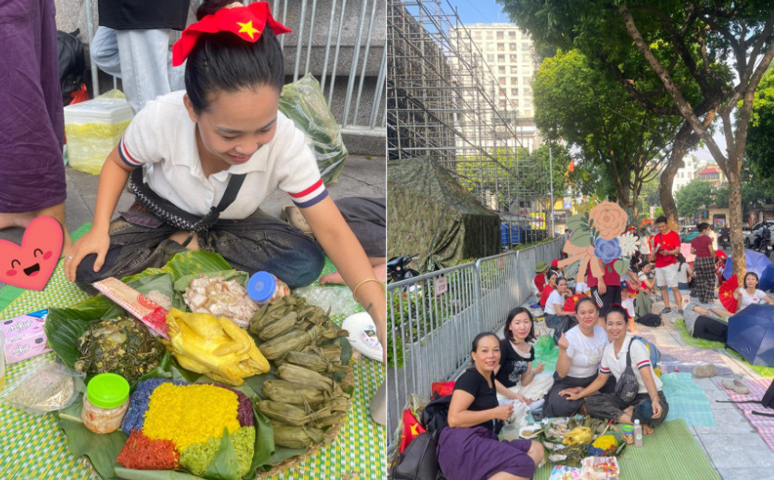 4 chị em ở phú thọ mang cả mâm cỗ đi xem diễu binh: gà luộc, xôi ngũ sắc, bánh uôi… đủ cả