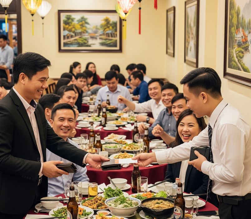 Đi họp lớp có 8 người bạn nhưng ai cũng dắt theo 1 người nhà đi ăn cùng, tôi làm lớp trưởng hào phóng rút ví ra…