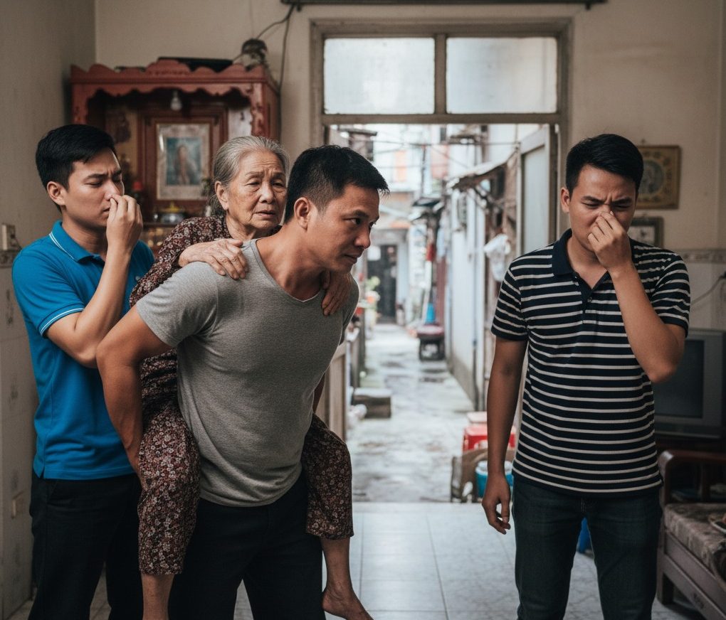 Mẹ bị đôt:quy phải ăn uống vệ sinh tại chỗ. Hai anh con trai đều chê bai bẩn không chăm nom