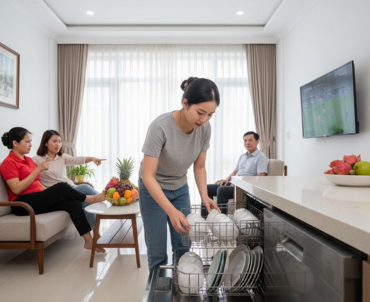 Làm quần quật cả ngày, tối về vẫn phải còng lưng rửa bát cho cả nhà ăn gần chục người