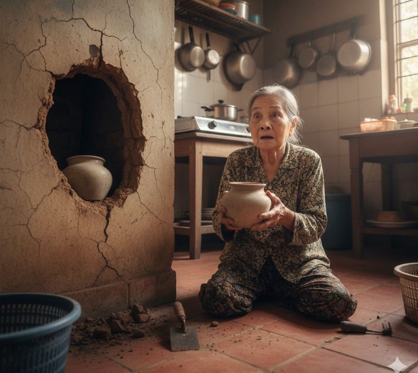 Trong lúc sửa bếp, bà Tự vô tình phát hiện một hũ đất trong tường suốt 40 năm do người chồng mattich…